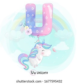 Cute unicorn flying with alphabet-uballoon