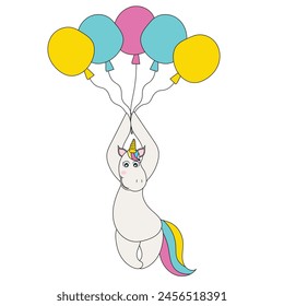 Cute unicorn flying balloon vector icon illustration. Animal holiday icons concept isolated premium vector. Flat cartoon style
