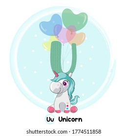 Cute unicorn flying with balloons. Art vector illustration. Cute Animal Alphabet Series A-Z. 