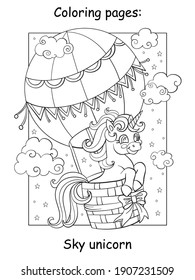 Cute unicorn flying in hot air balloon in the sky. Coloring book page for children. Vector cartoon illustration isolated on white background. For coloring book, preschool education, print, game, decor