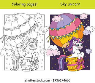 Cute unicorn flying in hot air balloon in the sky. Coloring book page for children with colorful template. Vector cartoon isolated illustration. For coloring book,preschool education, print,game,decor
