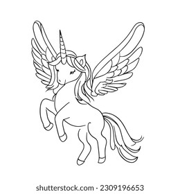 Cute Unicorn flying in. Outline vector for coloring page.