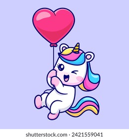 Cute unicornio volando con amor vector de dibujos animados en globo aerostático 
Ilustración de iconos. Icono de feriado animal Concepto aislado 
Vector Premium. Estilo de dibujo plano