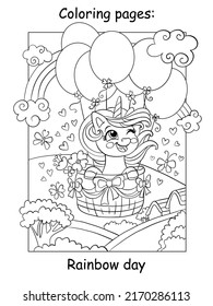 Cute unicorn flying on air balloons. Coloring book page for children. Vector cartoon illustration isolated on white background. For coloring book, education, print, game, decor, puzzle, design