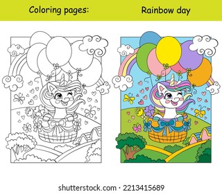 Cute unicorn flying on air balloons. Kids coloring book page with color template. Vector cartoon illustration isolated on white background. For coloring, education, print, game, decor, puzzle, design