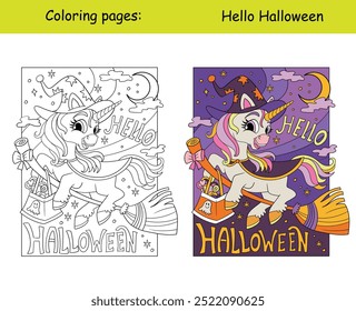 Cute unicorn flying on the broom and lettering Hello Halloween. Halloween concept. Kids coloring with color sample. Vector illustration. For coloring book, education, print, game, puzzle, design