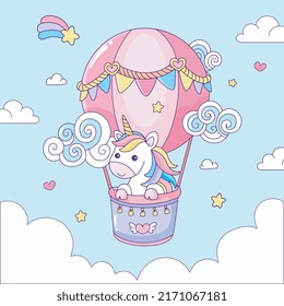 Cute unicorn is flying on a hot air balloon drawing coloring page illustration