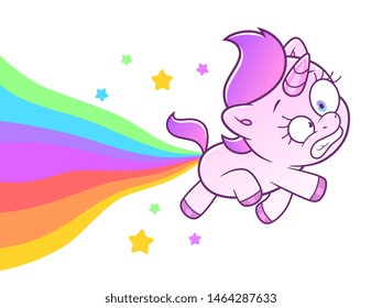 Cute unicorn flying on rainbow explosive poop. Cute unicorn series. 