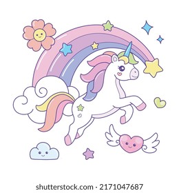 Cute Unicorn flying over the rainbow illustration