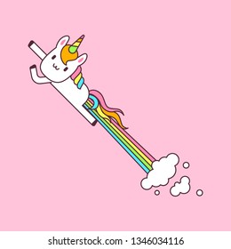 Cute Unicorn Flying with rainbow and pink background vector