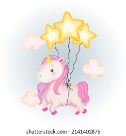 Cute unicorn flying with star shaped balloons. Watercolor style nursery design