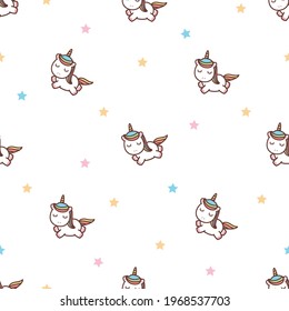 Cute unicorn flying with stars cartoon seamless pattern, vector illustration