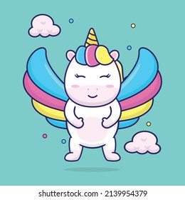 cute unicorn flying with wings, suitable for children's books, birthday cards, valentine's day, stickers, book covers, greeting cards, printing.