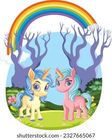 Cute Unicorn in the Forest illustration