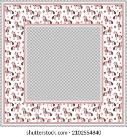 Cute unicorn frame for kids square postcards. Light tender pink border with adorable sweet ponies to create invitations to girly birthday party. Nice flat illustration for design of baby photo album.