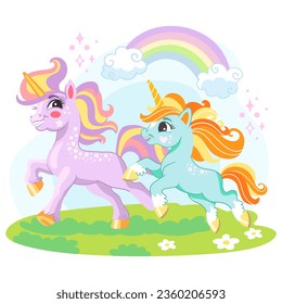 Cute unicorn friends running through a flower meadow. Vector illustration isolated on a white background. Happy magic unicorn. For print, design, poster, sticker, card, decoration,t shirt,kids clothes