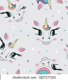 Cute unicorn front faces. Seamless vector illustration.