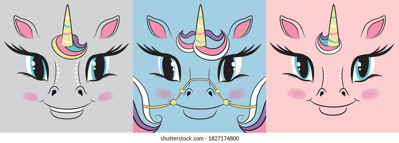 Cute unicorn front faces. Vector illustration for kids t shirt.