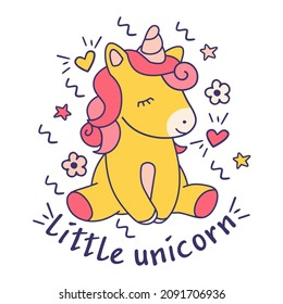 Cute unicorn, fun vector character with quote. Scratch drawn cartoon style. Isolated outline sticker on white background.