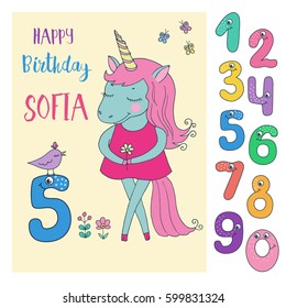 Cute unicorn with cute and funny colorful number characters from 0 to 9. Can be used for birthday cards, baby announcement, invitations. Cartoon vector illustration on white background for children.
