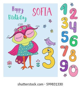 Cute unicorn with cute and funny colorful number characters from 0 to 9. Can be used for birthday cards, baby announcement, invitations. Cartoon vector illustration on white background for children.