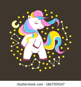 Cute Unicorn, funny unicorn surrounded by stars and constellations, illustration of character design, can be used for T-shirt prints, Vector eps 10 format