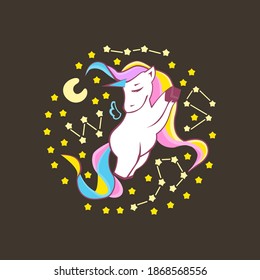 Cute Unicorn, unicornio gracioso rodeado de estrellas y constelaciones, ilustración del diseño de caracteres, se puede usar para estampas de camiseta, formato Vector eps 10