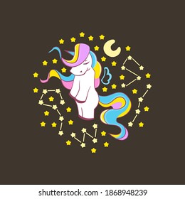 Cute Unicorn, funny unicorn surrounded by stars and constellations, illustration of character design, can be used for T-shirt prints, Vector eps 10 format