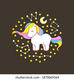 Cute Unicorn, funny unicorn surrounded by stars and constellations, illustration of character design, can be used for T-shirt prints, Vector eps 10 format