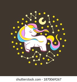Cute Unicorn, funny unicorn surrounded by stars and constellations, illustration of character design, can be used for T-shirt prints, Vector eps 10 format