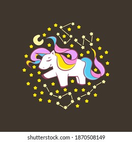Cute Unicorn, funny unicorn surrounded by stars and constellations, illustration of character design, can be used for T-shirt prints,