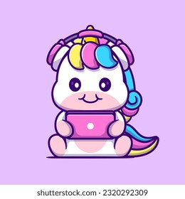 Cute Unicorn Gaming With Phone And Headphone Cartoon Vector Icon Illustration. Animal Technology Icon Concept Isolated Premium Vector. Flat Cartoon Style