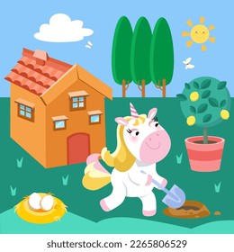 Cute unicorn in garden digging hole and replanting lemon tree. Cartoon character animal horse, scene for design worksheet. Vector illustration. 