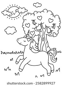 Cute unicorn in the garden. Tree, hearts, valentine's day, unicorn in love. Black and white coloring.