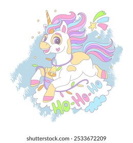 Cute unicorn with a garland. Vector illustration of a mythical animal in cartoon style. Ho-Ho-Ho lettering. Christmas concept. For print, cards, invitation, sublimation, t shirt and clothes design