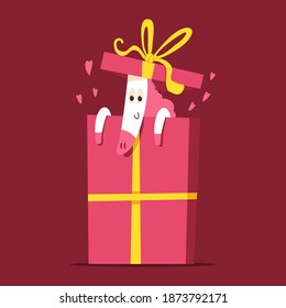 Cute unicorn in gift box, vector cartoon character isolated on background.