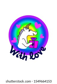 Cute unicorn with a gift. Vector illustration for postcards, notebooks, printing, web design.