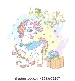 Cute unicorn with a gift. Vector illustration of a mythical animal in cartoon style. Winter dreams lettering. Christmas concept. For print, cards, invitation, sublimation, t shirt and clothes design