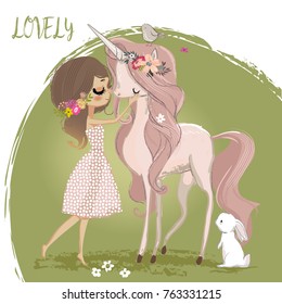 Cute unicorn with girl