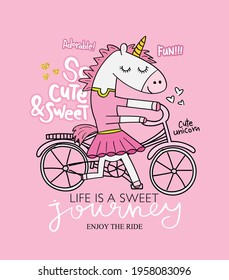 Cute unicorn girl with bike, design for fashion graphics, t shirt prints, posters, greeting cards etc