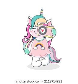 Cute unicorn girl with a camera on a white background. Vector cartoon illustration. Kawaii style