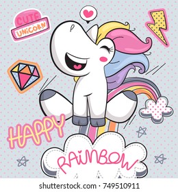 Cute unicorn girl cartoon sliding rainbow on polka dot background illustration vector.