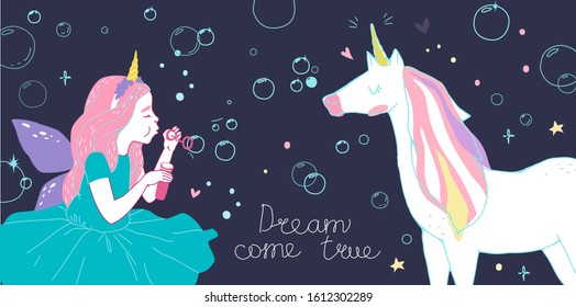 Cute unicorn and a girl in a fairy costume. Girl blowing soap bubbles.