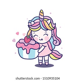 Cute Unicorn girl holiding Kawaii cupcake cartoon pony child sweet donut food and drink, Pastel color: Fabulous fashion fairytale horse Birthday party - muffin for invitation post, t-shirt, nursery.