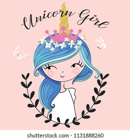 Cute unicorn girl illustration for textile graphic, t-shirts, books.