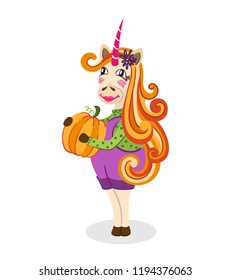 Cute unicorn girl in overalls and with a pumpkin in her hands. Vector cartoon. Unique design for poster, t-shirt, label, greeting card, invitations.