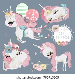 Cute unicorn girl, princess with flowers, crown, bows and ballons set, collection. Vintage frame, hand drawn illustration
