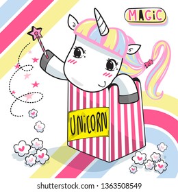 Cute unicorn girl with a scepter in popcorn box illustration vector.