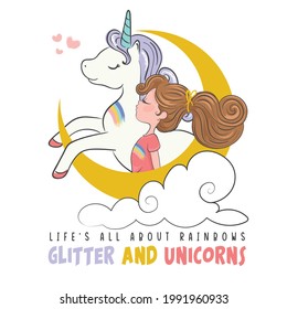 Cute unicorn and cute girl vector illustration.A romantic love story in the sky.Kids fashion artworks.Can be used for t-shirt print,kids wear fashion design, baby shower invitation card.Animal pattern