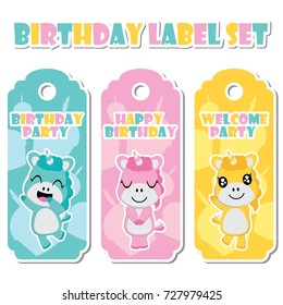 Cute unicorn girls on birthday cake background vector cartoon illustration for birthday label set design, banner set and postcard design